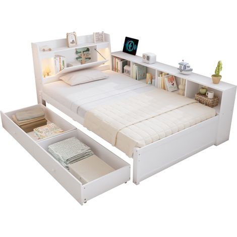 CHICFURN Letto singolo 90x200 cm bianco in pino con contenitore, lampade e presa, senza materasso (1/5)