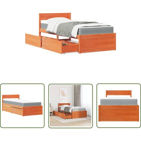 The Living Store Lit avec tiroirs/matelas cire marron 100x200 cm bois massif pin - Lit Double - Lit Coffre - Lit Avec Rangements - Meuble Chambre - Literie (1/5)