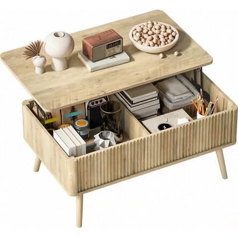CHICFURN Mesa de centro elevable con doble altura, 2 compartimentos ocultos, bordes redondeados y patas de pino, estilo moderno en madera clara para salón (1/5)