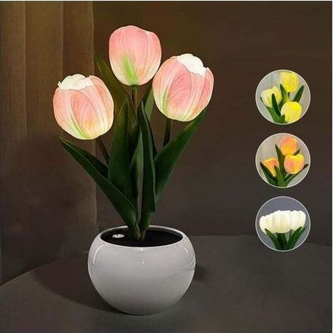 Lampada da Tavolo LED a Forma di Tulipano con Vaso, Luce Notturna Decorativa per Ufficio, Soggiorno e Casa, Rosa (1/4)