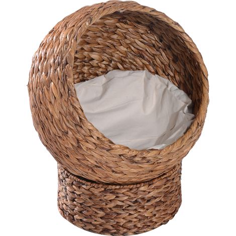 Pawhut – Panier chat en feuilles de bananier – Niche igloo confortable avec coussin en coton – Dimensions 40x37x51cm – Couleur beige
