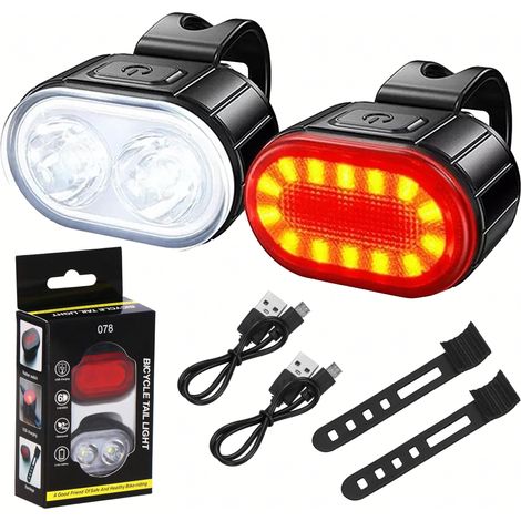 Lampe de vélo LED avant et arrière USB, 2 pièces