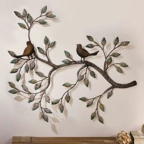 Pájaro de pared Art Déco, un par de pájaros del amor en las ramas, escultura de pared colgante de metal, decoración de pared de hierro forjado de estilo retro, 58x48 cm (1/5)