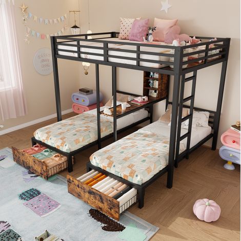Cama Litera 140x200 + 90x200 Cm Estructura Mdf Y Metal Negro (1/5)