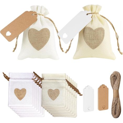 30 Jutesäckchen mit Herzmotiv, Leinenbeutel 10 x 15 cm, 30 Anhänger + 10 m Doppelkordel, kleiner Schmuckbeutel mit Kordelzug für Hochzeit, Weihnachten, Party, Weihnachten, Adventskalender (Beige, Weiß (1/4)