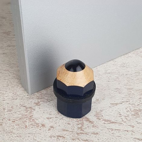 Ouvre&Déco – Butée de porte sol en bois naturel avec anneau caoutchouc – Absorption chocs – Design crayon – Couleur bleu