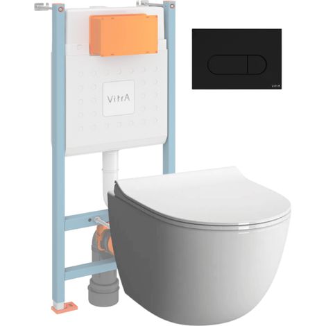 Inodoro suspendido compacto VitrA Sento blanco + Estructura autoportante V-Fix Core + Placa redonda negra mate (1/5)