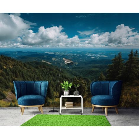 Fototapete Berge Landschaft Bäume, für Wohnzimmer und Schlafzimmer, 300 x 210 cm – Komplettset inkl. Kleister & Anleitung (1/4)