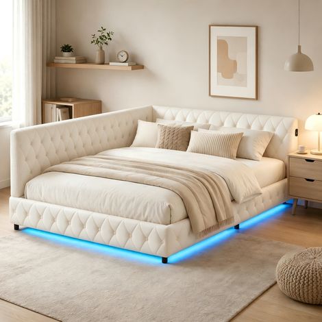 Canapé-lit, Lit avec dossier, cadre de lit double avec LED et USB, lit 140x200 avec sommier, lit 2 Personnes, tête de lit rembourré, beige (1/5)