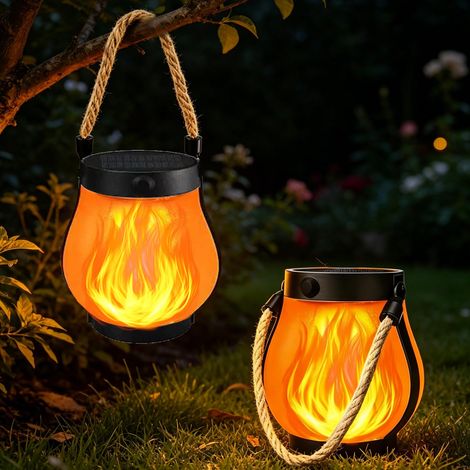 Lanterne Solaire Flamme Lumières LED Nomade Suspendue Rechargeable Etanche Eclairage Jardin Solaire Deco Halloween Camping 2pcs (1/5)