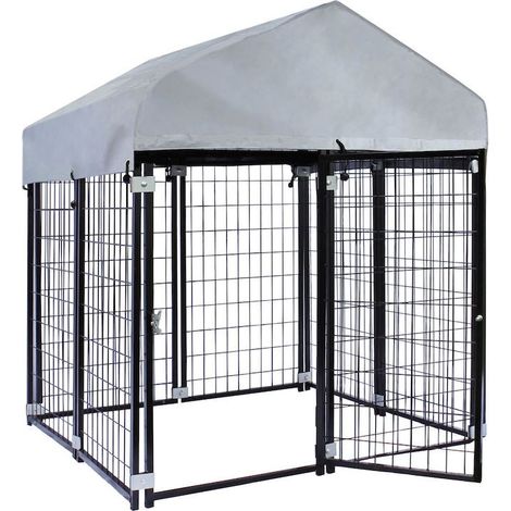 Enclos chenil extérieur en acier avec toiture pour chien de taille 121x121x137cm (1/4)