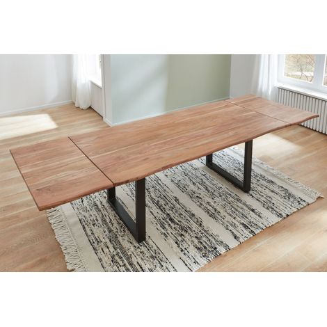 Baumkantentisch Akazie stonefarben 140 (220) x 90 cm Ansteckplatten schwarz NORINA