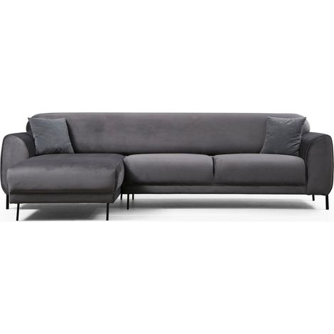 Canapé d'angle gauche design velours gris foncé et pieds acier noir Liza (1/5)