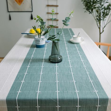 (140180cm,Green) Solid Cotton Linen Rectangular Tablecloth Plaid Embroidery Tassel Cotton Linen Table Cover for Kitchen Dining Room Table Decoration (1/5)