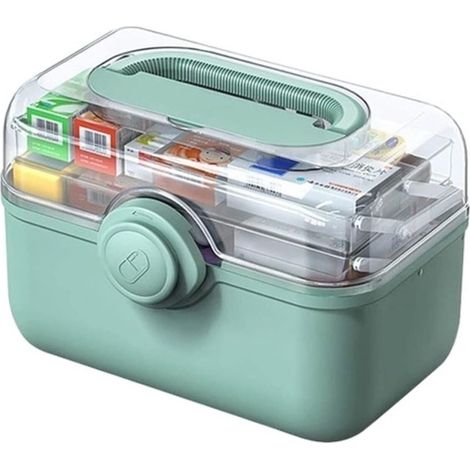 Organisateur pliable compact médicaments et cosmétiques, 3 niveaux, multi-tiroirs, 28 x 19 x 16 cm, vert (1/5)