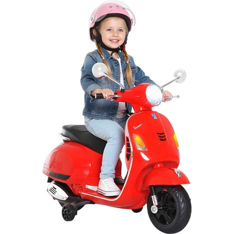 Moto électrique pour enfants, design Vespa, batterie 6 V avec effets sonores et lumineux, 3-6 ans, rouge