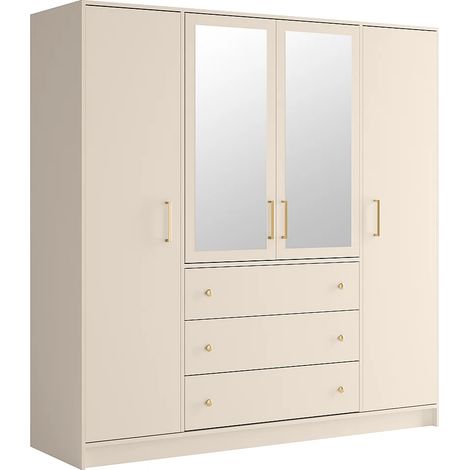 Armadio 4 ante e 3 cassetti Con specchi L196 cm Beige e Dorato - LIZANDRO (1/4)
