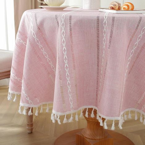 Runde Tischdecke mit Quasten 120cm Rosa Leinen-Optik für Esstisch