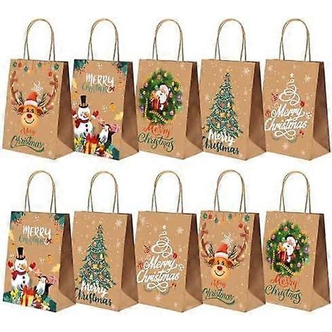 Petits sacs cadeaux de Noël, lot de 10, 5 modèles en papier kraft avec poignées, parfaits pour les cadeaux de Noël (21 x 1 cm). (1/4)