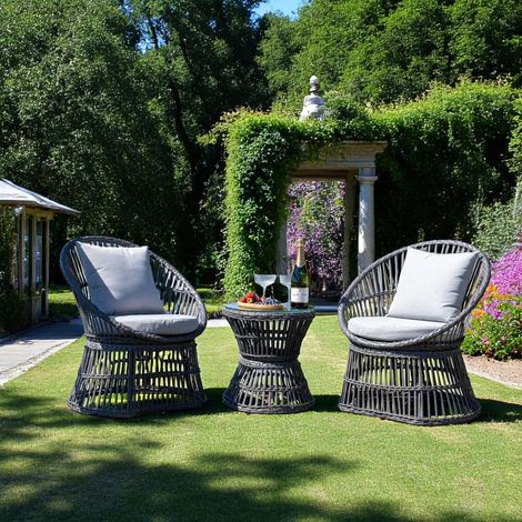 Salon de jardin en rotin synthétique gris (2 fauteuils et 1 petite table ronde) MENDOZA (1/4)