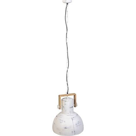 Suspension métal blanc style industriel et bois naturel - blanc patiné et bois naturel (1/5)