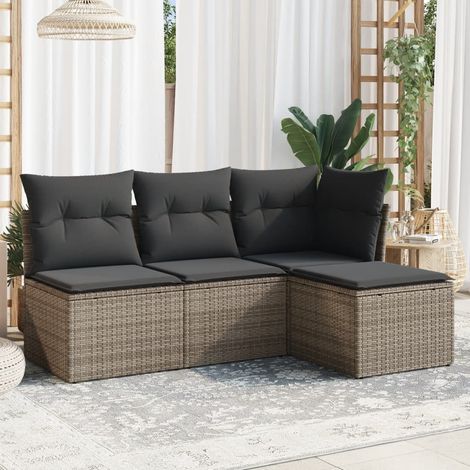 Ensemble de salon de jardin 4 places en résine tressée grise avec coussins - Modulable, housses lavables, résistant aux UV, capacité 110kg/place (1/3)
