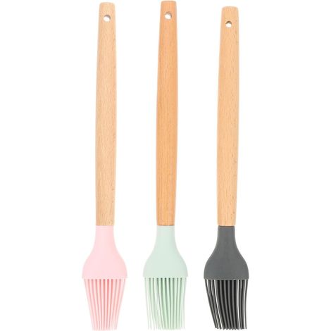Ensemble 3 pinceaux à badigeonner en silicone pour grillades et pâtisserie, grand format, résistant chaleur, coloris gris foncé, rose et vert clair (1/5)