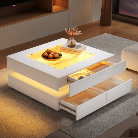 Tavolino da caffè LED con 3 cassetti, piano in vetro temperato + pannello di particelle, bianco lucido, 70×70×35 cm, controllabile tramite app (1/5)