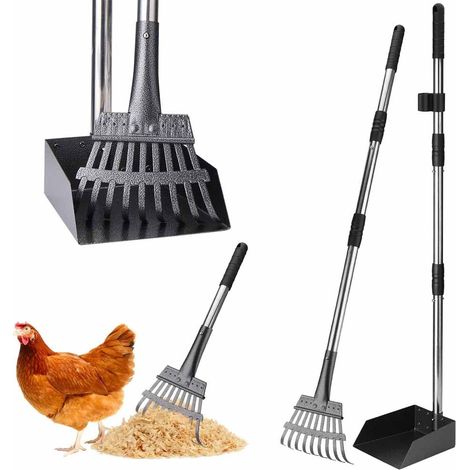 Accessoires pour poulailler : pelle à poulet ergonomique 2 en 1 pour le nettoyage et le tamisage, fouet réglable avec support peu encombrant et pont, équipement de poulailler de jardin