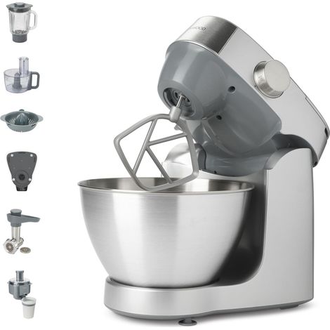 Robot de Cuisine, Bol 4,3 L en Acier Inoxydable, 10 Accessoires, Hachoir, Blender en Verre, Presse Agrumes, Extracteur de Jus, Balance intégrée, 1000W, Argent (1/5)