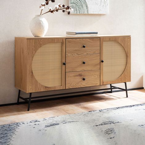 Buffet 2 portes 3 tiroirs 140x40x80 cm effet chêne et rotin - VITEL (1/5)