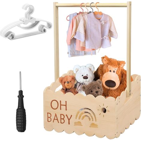 Babygeschenkkorb aus Holz, 34 x 23 x 51 cm, mit Griff, Holzkiste für Babypartys mit Griff und 8 Kleiderbügeln, Kleiderschrank für Geburtstage, Babypartys, Weihnachten, frischgebackene Eltern (1/5)