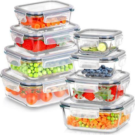 Recipientes de vidrio para alimentos con tapa y cierre hermético, 8 unidades.