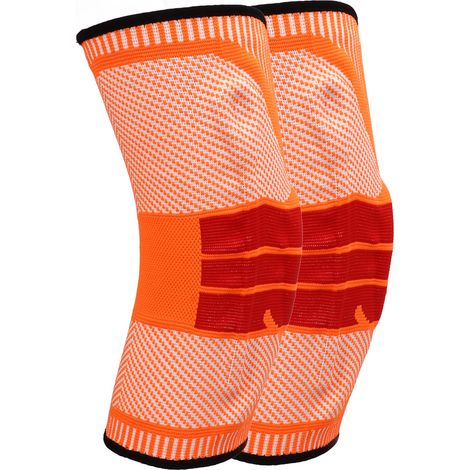 Atmungsaktive, rutschfeste und dehnbare Knieschoner aus Mesh-Gewebe für Damen, ideal zum Laufen und Trainieren. Farbe: Orange und Rot, Größe M. (1/4)