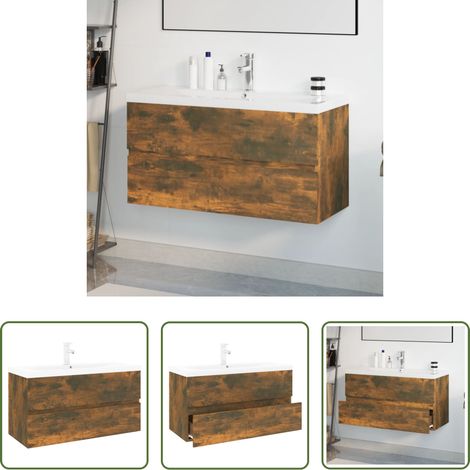 vidaXL Vasque encastrée - Meuble lavabo avec bassin intégré Chêne fumé Bois d'ingénierie (1/5)