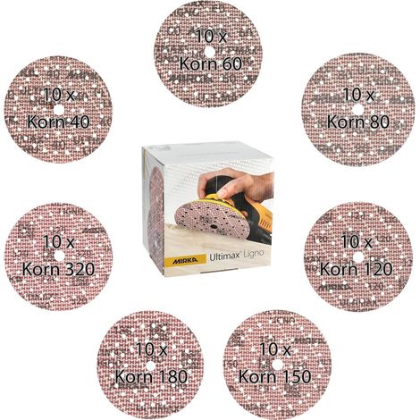 Mirka Ultimax Ligno Klettschleifscheiben Ø 150 mm, Mix-Pack 40/60/80/120/150/180/320, je 10 Stk, 70 Stk (1/5)