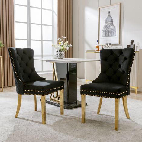 Silla de Comedor Tapizada con Anilla Trasera y Tachas, Patas Regulables, Terciopelo Negro 50.5 × 45 × 95 cm