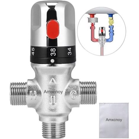 Valve de mélange thermostatique, Ackerman, G1/2-DN15, contrôle de température, protection contre les brûlures, réglable entre 20°C et 50°C, laiton, multicolore