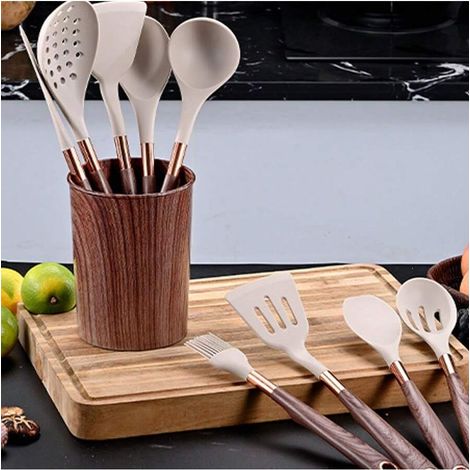 Ensemble de 11 cuillères en silicone imitation bois et mangue dorée, ustensiles de cuisine en silicone (1/5)