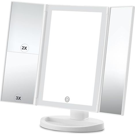 MINKUROW Specchio Per Il Trucco Illuminato, Ingrandimento 2x/3x, Specchio Per Il Trucco A Tre Ali Con 72 Luci A Led, Girevole A 180 Gradi, Alimentazione A Batteria E Usb (Bianco) (1/5)