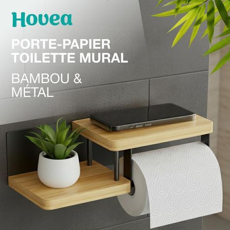 Support Papier Toilette Mural - avec ou sans Perçage - Porte-Papier Toilette en Bois & Métal - Distributeur Rouleau Papier WC PQ - Noir & Bambou - PPT130 (1/4)