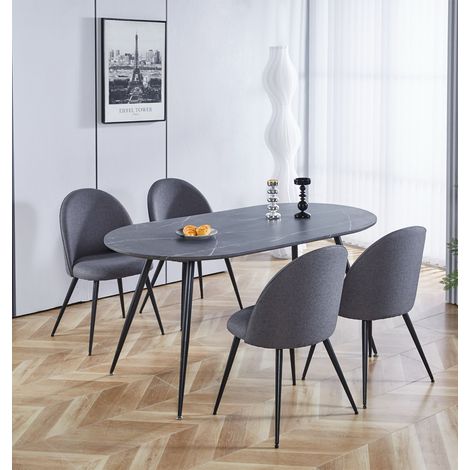 Hallowood Furniture Cullompton Large Dining Table and Chairs Set 4, Grey Marble Effect Oval Kitchen Table and Curved-back Dark Grey Fabric Chairs, Modern Dining Set for Home and Café (1/5)