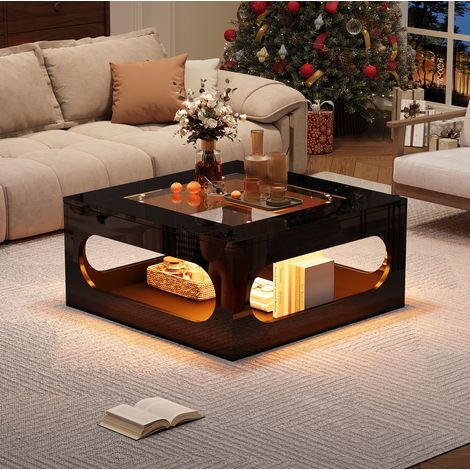 Mesa de centro LED cuadrada 70 x 70 x 35 cm con tablero de vidrio templado, MDF negro HAVRYA (1/5)