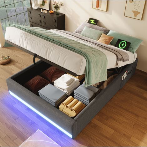 Polsterbett 90/200 cm grau aus Leinen und MDF mit LED, USB-C, Stauraum und Seitentaschen (1/5)