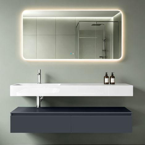 Mai & Mai – Ensemble de meubles de salle de bain 3 pièces – Lavabo 150cm en résine – Miroir LED 140x70cm – Bois mélaminé imperméable avec 2 tiroirs