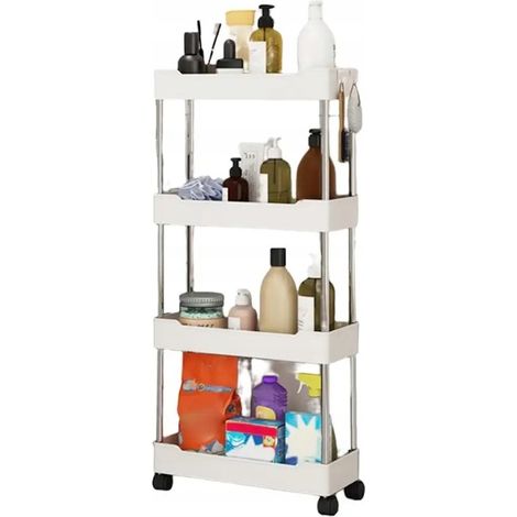 Badezimmerregal Küchenschrank Mobiles Regal Rollen 4 Ebenen Weiß (1/5)
