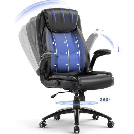Ergonomischer Bürostuhl Leder, klappbare Armlehnen 90°, verstellbare Rückenlehne 103°–120°, Wippfunktion, hochlehner Chefsessel, extra dick gepolstert, belastbar bis 136 kg, Home Office Stuhl