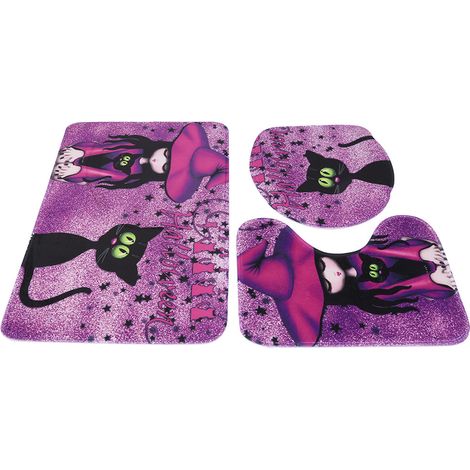 Ensemble de 3 tapis de toilette antidérapants en polyester à motif sorcière, avec couvercle de toilette, pour la salle de bain. (1/5)