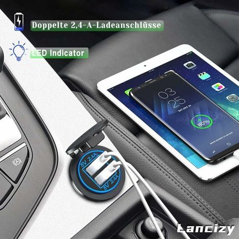 Adattatore auto USB 4,8A 12V - Doppia porta USB 5V/2,4A impermeabile con LED - Per auto, camion, camper, moto, SUV e UTV (1/3)