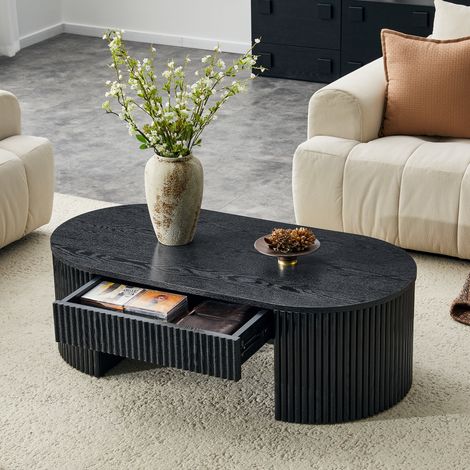Mesa centro designer Kérian com revestimento ranhurado, mesa oval preta com gaveta arrumação, mesa sala estar estável para sofá (1/5)